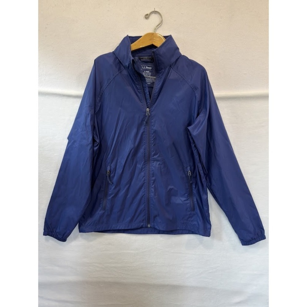 LL Bean Mens Packable Rain Jacket Windbreaker Size S Blue Full Zip Hooded Nylon